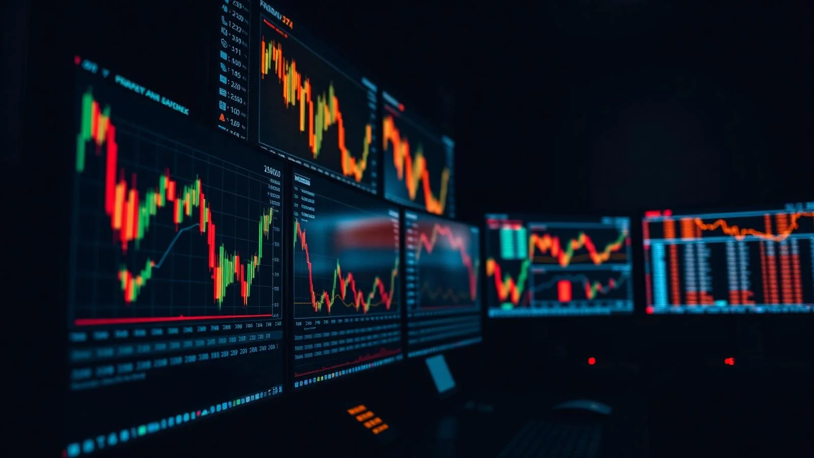 شاشات تداول متعددة تعرض رسوماً بيانية بالشموع اليابانية ودفتر أوامر وبيانات سوق متدفقة في غرفة معتمة.