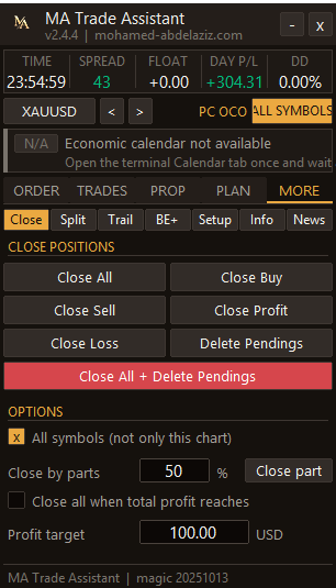 تبويب MORE في MA Trade Assistant، صفحة Close