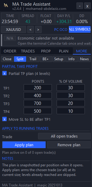 تبويب MORE في MA Trade Assistant، صفحة Split بأربعة مستويات جني جزئي