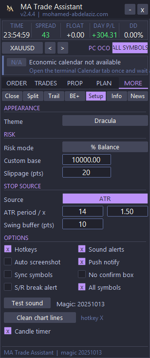 MA Trade Assistant صفحة MORE ثم Setup بثيم Dracula: رمادي داكن بلون تمييز بنفسجي فاتح