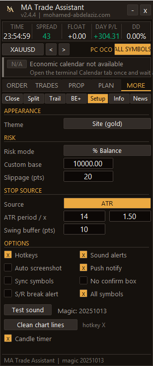 MA Trade Assistant صفحة MORE ثم Setup بثيم Site (ذهبي): أسود دافئ بلمسات ذهبية