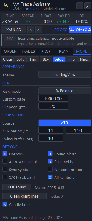 MA Trade Assistant صفحة MORE ثم Setup بثيم TradingView: رمادي-أزرق داكن بلون تمييز أزرق
