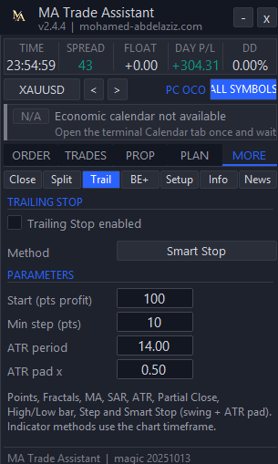 تبويب MORE في MA Trade Assistant، صفحة Trail بطريقة التريلينغ ووسائطها